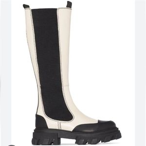 NEW GANNI Rubber-trimmed leather knee high tall Chelsea boots 37 7
